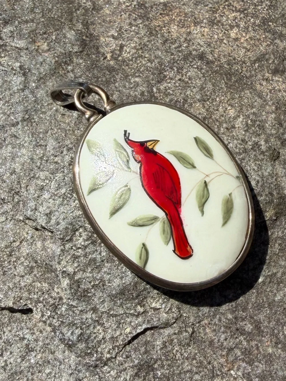 Vintage Sterling Ceramic Red Cardinal Oval Pendant Charm